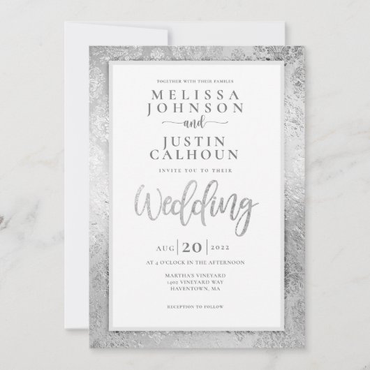 Silver Damask bloemenbruiloft uitnodiging (Voorkant)