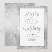 Silver Damask bloemenbruiloft uitnodiging (Voorkant / Achterkant)