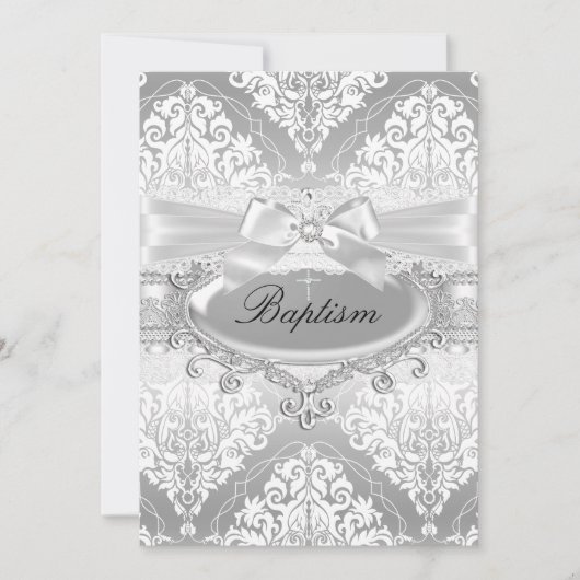  Silver Damask Bow Baptism Uitnodiging (Voorkant)