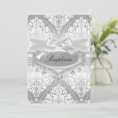  Silver Damask Bow Baptism Uitnodiging (Staand voorkant)