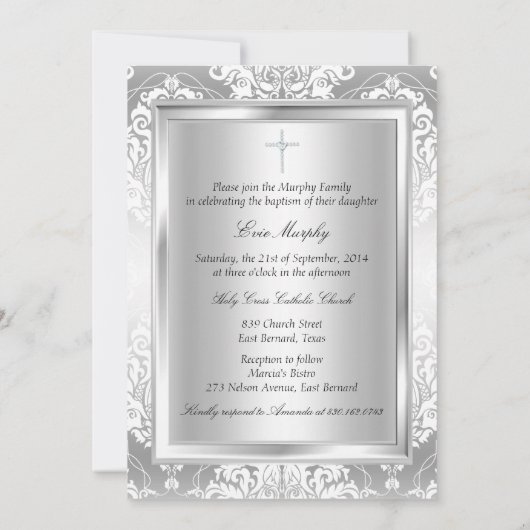 Silver Damask Bow Baptism Uitnodiging (Achterkant)