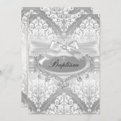 Silver Damask Bow Baptism Uitnodiging (Voorkant / Achterkant)