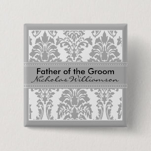 Silver Damask Bridal Party - Vader van de Groom Vierkante Button 5,1 Cm