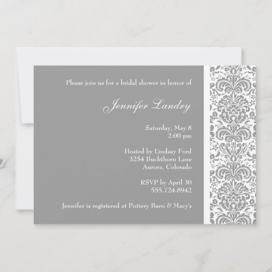 Silver Damask Bridal Shower Invitation Kaart (Voorkant)