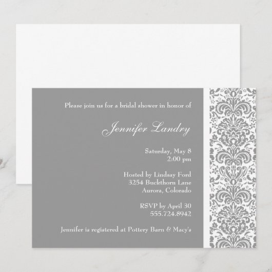 Silver Damask Bridal Shower Invitation Kaart (Voorkant / Achterkant)