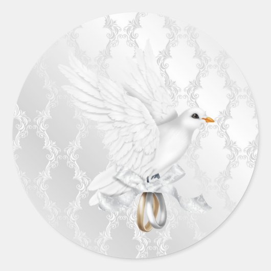 Silver Damask Bruiloft Sticker met duif (Voorkant)