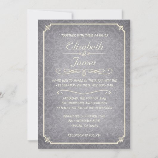Silver Damask Chalkboard Wedding Invitations Kaart (Voorkant)