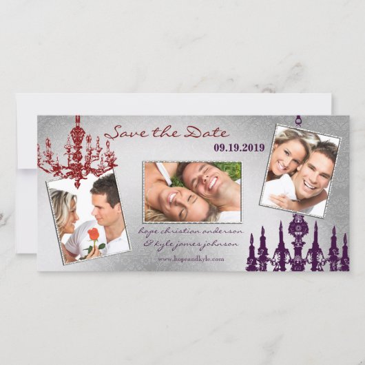 Silver Damask Chandelier Red & Plum Paars Save The Date (Voorkant)
