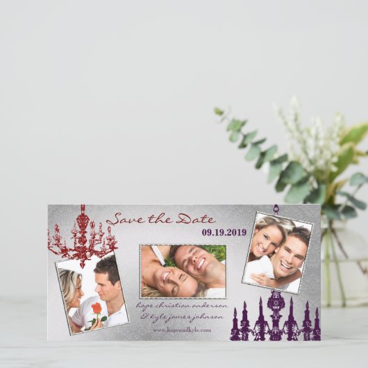 Silver Damask Chandelier Red & Plum Paars Save The Date (Staand voorkant)