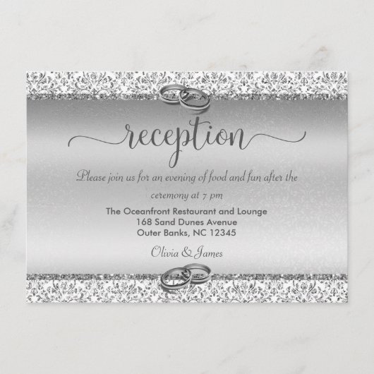 Silver Damask Elegant Wedding Reception Informatiekaartje (Voorkant)