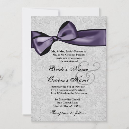 Silver Damask en Deep Paarse Bow Wedding Kaart (Voorkant)