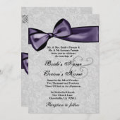 Silver Damask en Deep Paarse Bow Wedding Kaart (Voorkant / Achterkant)