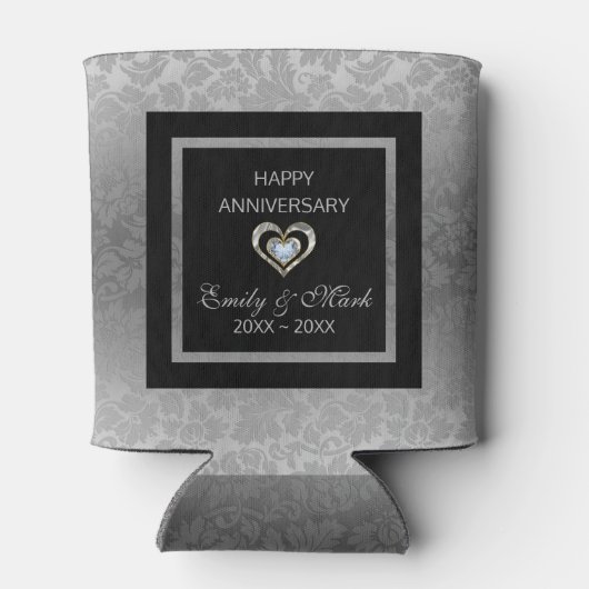 Silver Damask en harten- Bruiloft Jubileum Blikjeskoeler (Achterkant)