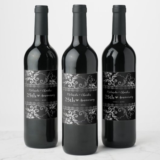 Silver Damask en Lace Wine Label Wijn Etiket (Flessen)