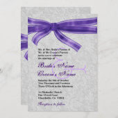 Silver Damask en Paarse Bow Wedding Kaart (Voorkant / Achterkant)