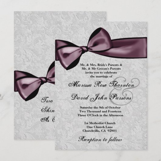 Silver Damask en Paarse Plum Bow Wedding Kaart (Voorkant / Achterkant)