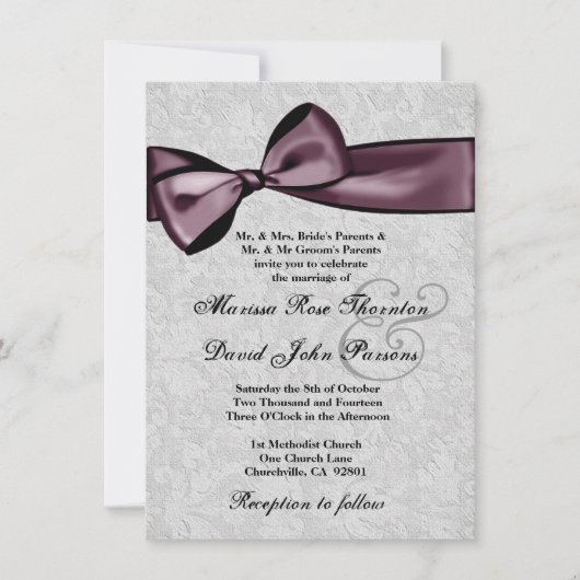 Silver Damask en Paarse Plum Bow Wedding Kaart (Voorkant)