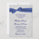 Silver Damask en Royal Blue Bow Wedding Kaart (Voorkant)