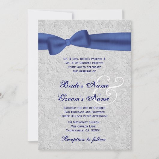 Silver Damask en Royal Blue Bow Wedding Kaart (Voorkant)