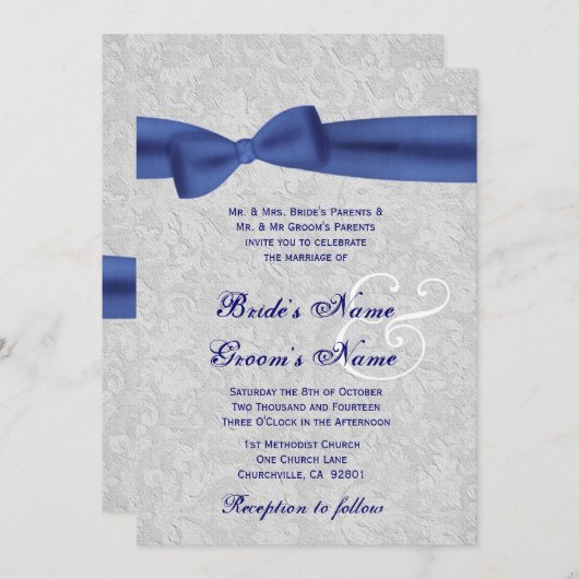 Silver Damask en Royal Blue Bow Wedding Kaart (Voorkant / Achterkant)