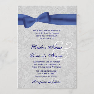 Silver Damask en Royal Blue Bow Wedding Kaart