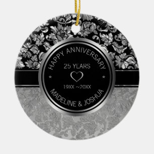 Silver Damask en Silver-Black Hearts Ceramic Orn Keramisch Ornament