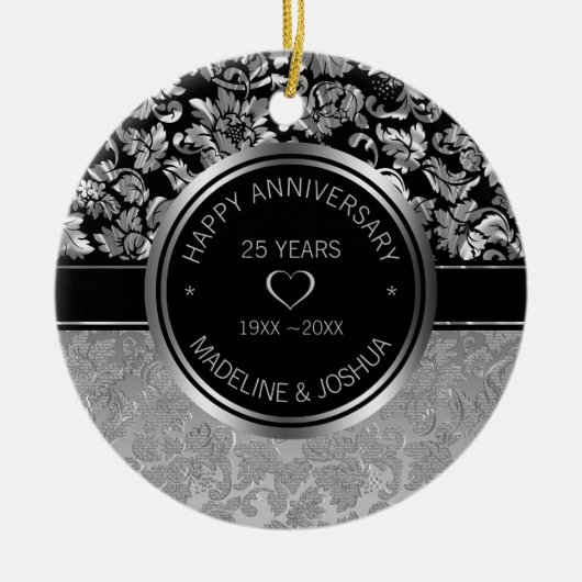 Silver Damask en Silver-Black Hearts Ceramic Orn Keramisch Ornament (Voorkant)