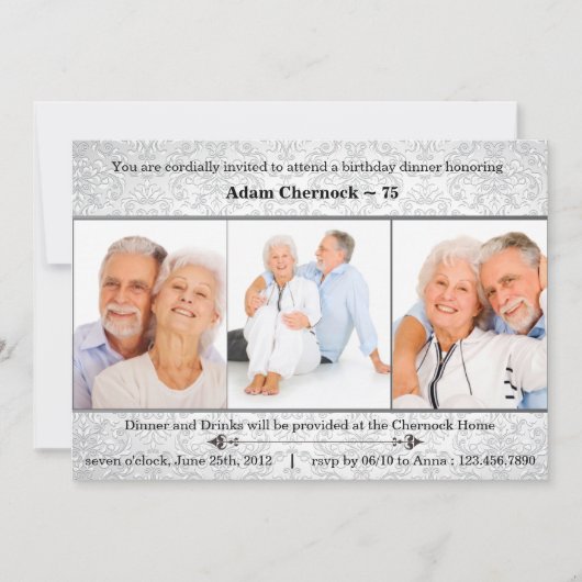 Silver damask foto verjaardagsuitnodiging kaart (Voorkant)