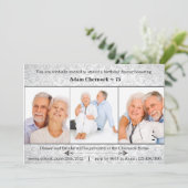 Silver damask foto verjaardagsuitnodiging kaart (Staand voorkant)