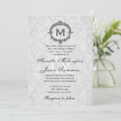 Silver Damask Grey  Lijst Monogram Weddenschap Kaart (Staand voorkant)