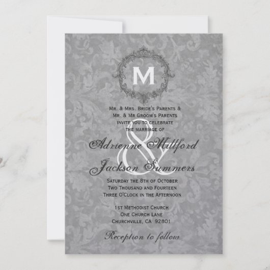 Silver Damask Lijst Wedding Metallic Kaart (Voorkant)