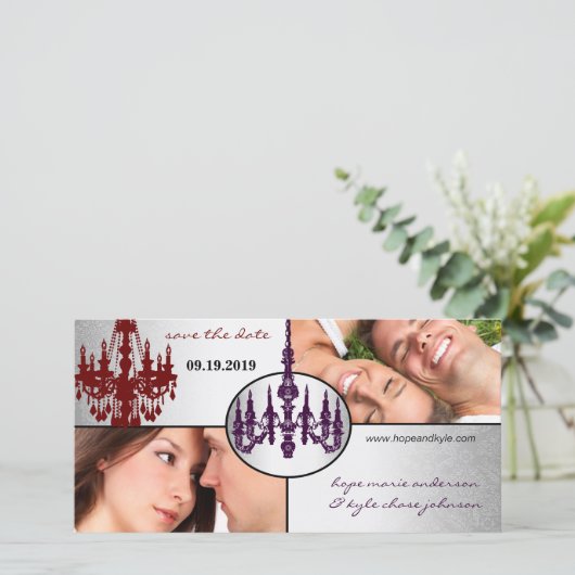 Silver Damask luhandelier redt Date Photo Save The Date (Staand voorkant)