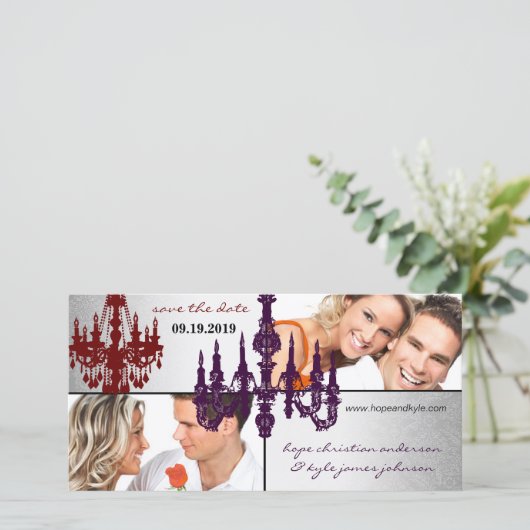 Silver Damask luhandelier redt Date Photo Save The Date (Staand voorkant)