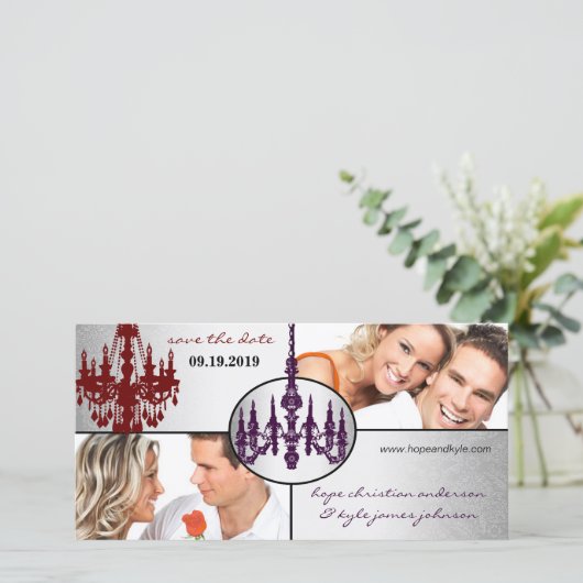 Silver Damask luhandelier redt Date Photo Save The Date (Staand voorkant)