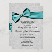 Silver Damask met Blauwgroen Printed Bow Wedding V Kaart (Voorkant / Achterkant)
