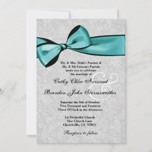 Silver Damask met Blauwgroen Printed Bow Wedding V Kaart