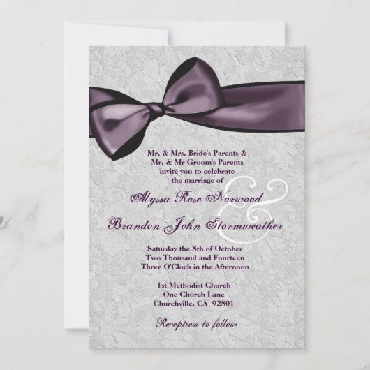 Silver Damask met Deep Paarse Bow Wedding V2 Kaart (Voorkant)