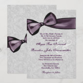 Silver Damask met Deep Paarse Bow Wedding V2 Kaart (Voorkant / Achterkant)