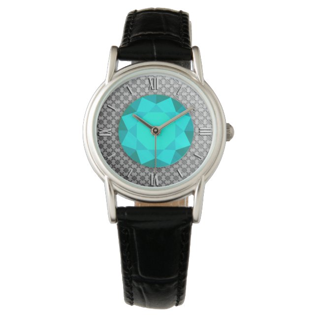 Silver Damask met een aquamarine gem/jewell Horloge (Voorkant)