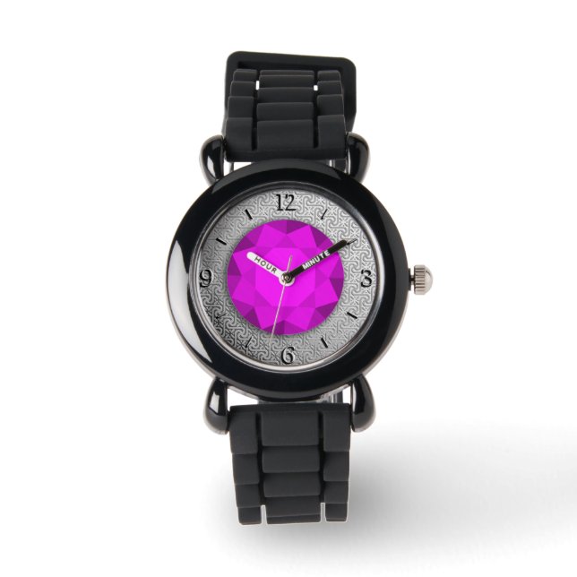 Silver Damask met een faux amethyst gemstone Horloge (Voorkant)