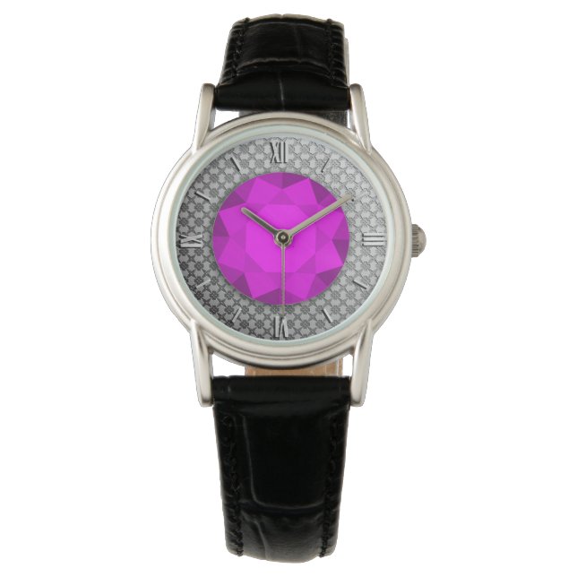 Silver Damask met een faux amethyst gemstone Horloge (Voorkant)