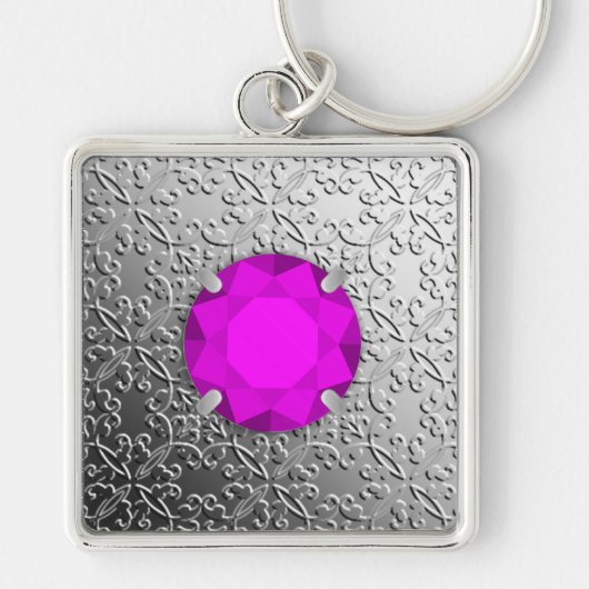 Silver Damask met een faux amethyst gemstone Sleutelhanger (Voorkant)