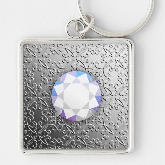 Silver Damask met een faux diamantedelsteen Sleutelhanger (Voorkant)