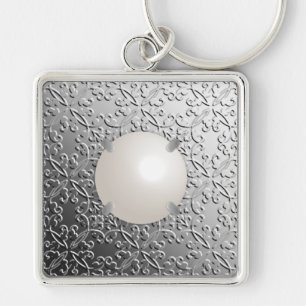 Silver Damask met een faux mabe parel Sleutelhanger