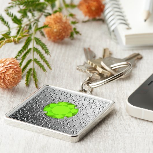 Silver Damask met een faux peridot gemstone Sleutelhanger (Zijkant)