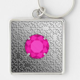 Silver Damask met een faux roze tourmaline gem Sleutelhanger