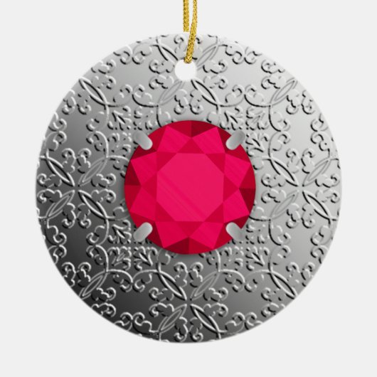 Silver Damask met een faux ruby gemstone Keramisch Ornament (Voorkant)
