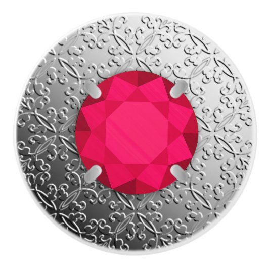 Silver Damask met een faux ruby gemstone Keramische Knop (Voorkant)