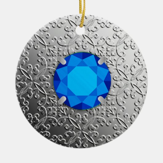 Silver Damask met een faux sapphire gemstone Keramisch Ornament (Voorkant)