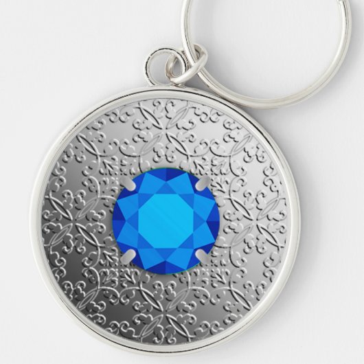 Silver Damask met een faux sapphire gemstone Sleutelhanger (Voorkant)